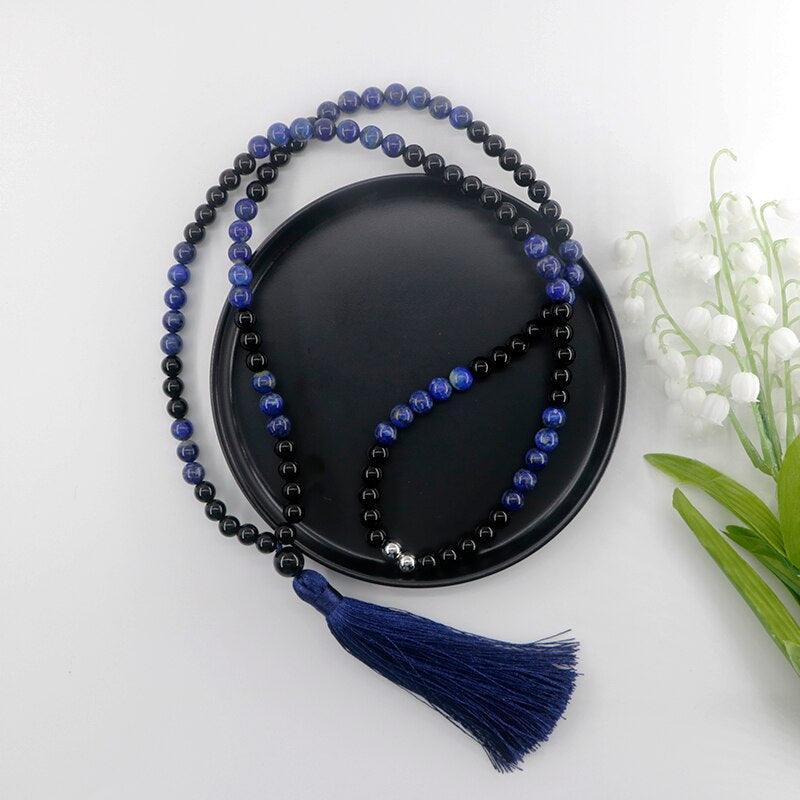 Mala-Halskette "Achtsamkeit" aus Lapislazuli & schwarzem Achat