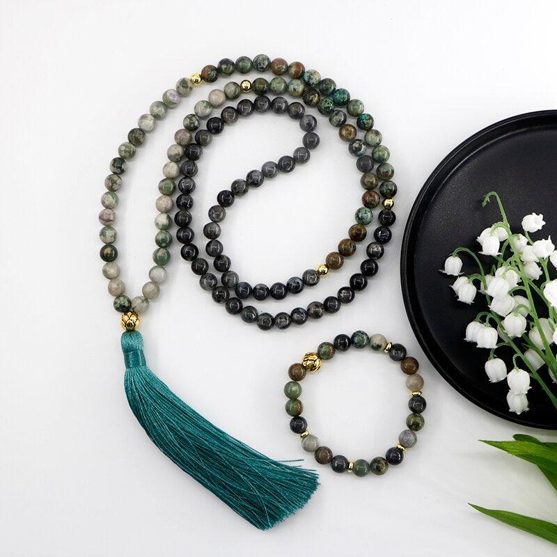 Mala-Set "Schwarzer Lotus" aus Labradorit, Jaspis & afrikanischem Türkis