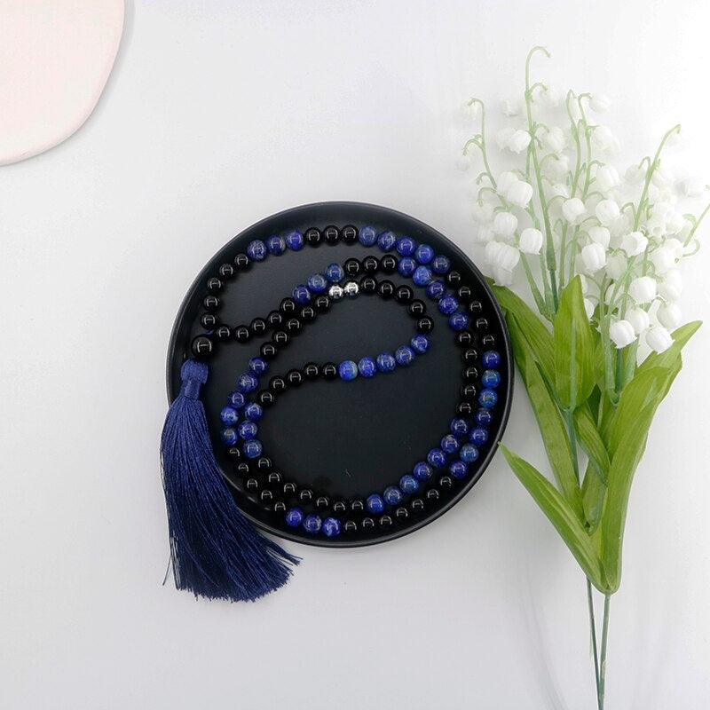 Mala-Halskette "Achtsamkeit" aus Lapislazuli & schwarzem Achat
