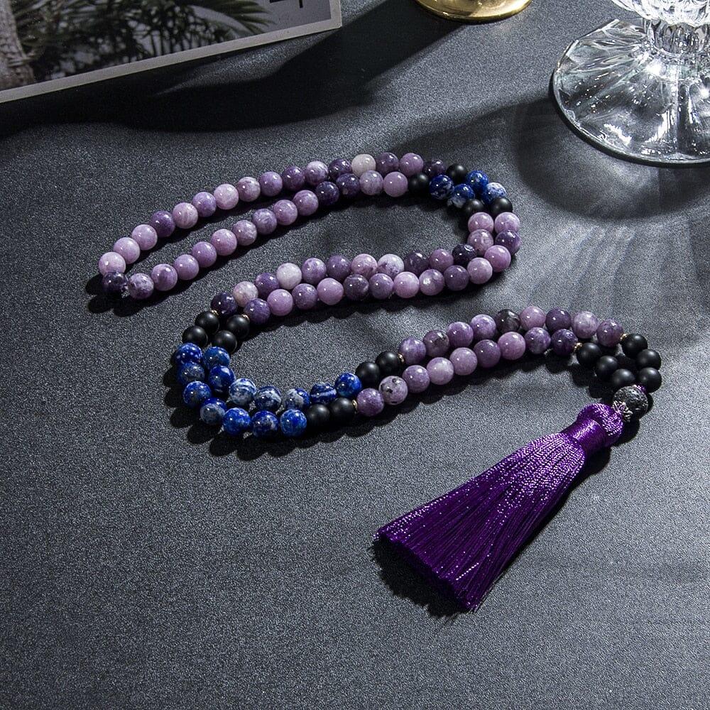 Mala-Perlen "Chakra-Ausgleich" aus Glimmer-Lepidolith, schwarzem Onyx & Lapislazuli