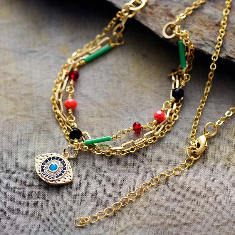 Boho Goldene Halskette "Gute Aura" mit Evil Eye