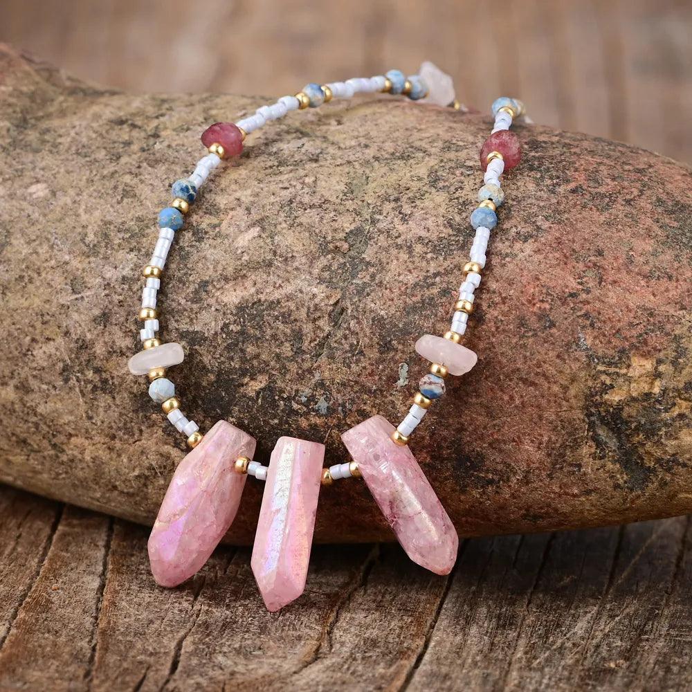 Halskette mit Rosenquarz und Turmalin "Rosa Traumlandschaft"