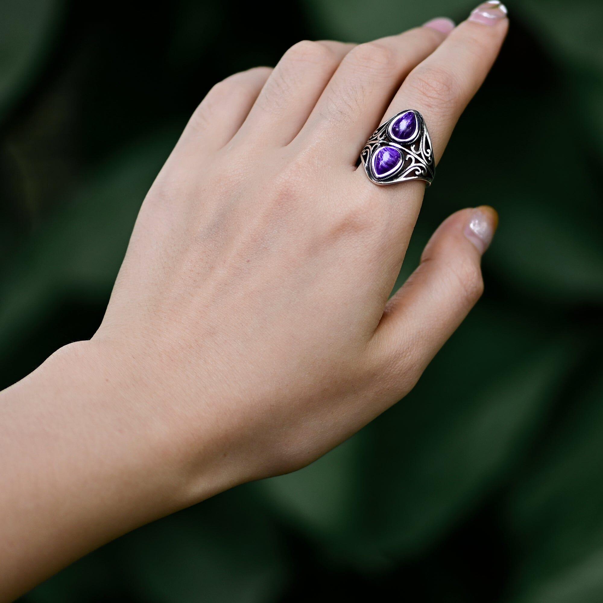 Rhea - Doppelt Tropfenförmiger Boho Chic Ring mit Amethysten