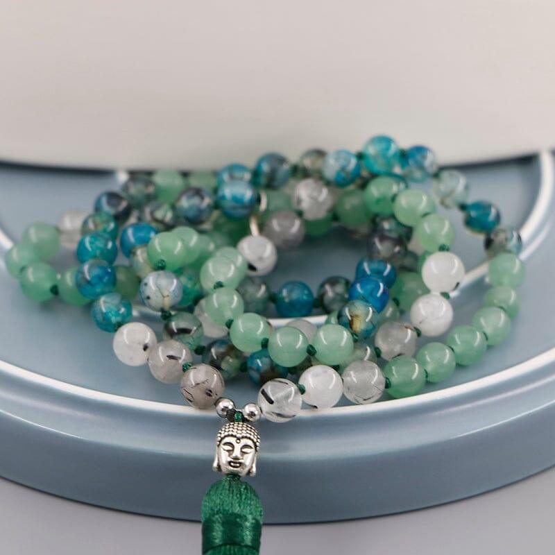 Mala Halskette aus grünem Aventurin, schwarzem Quarz und blauem Achat für kraftvolle Ausrichtung