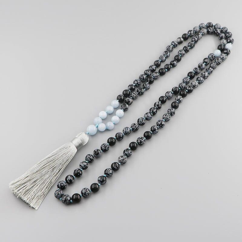 Mala Halskette "Ruhige Transformation" aus Schneeflockenstein und Aquamarin
