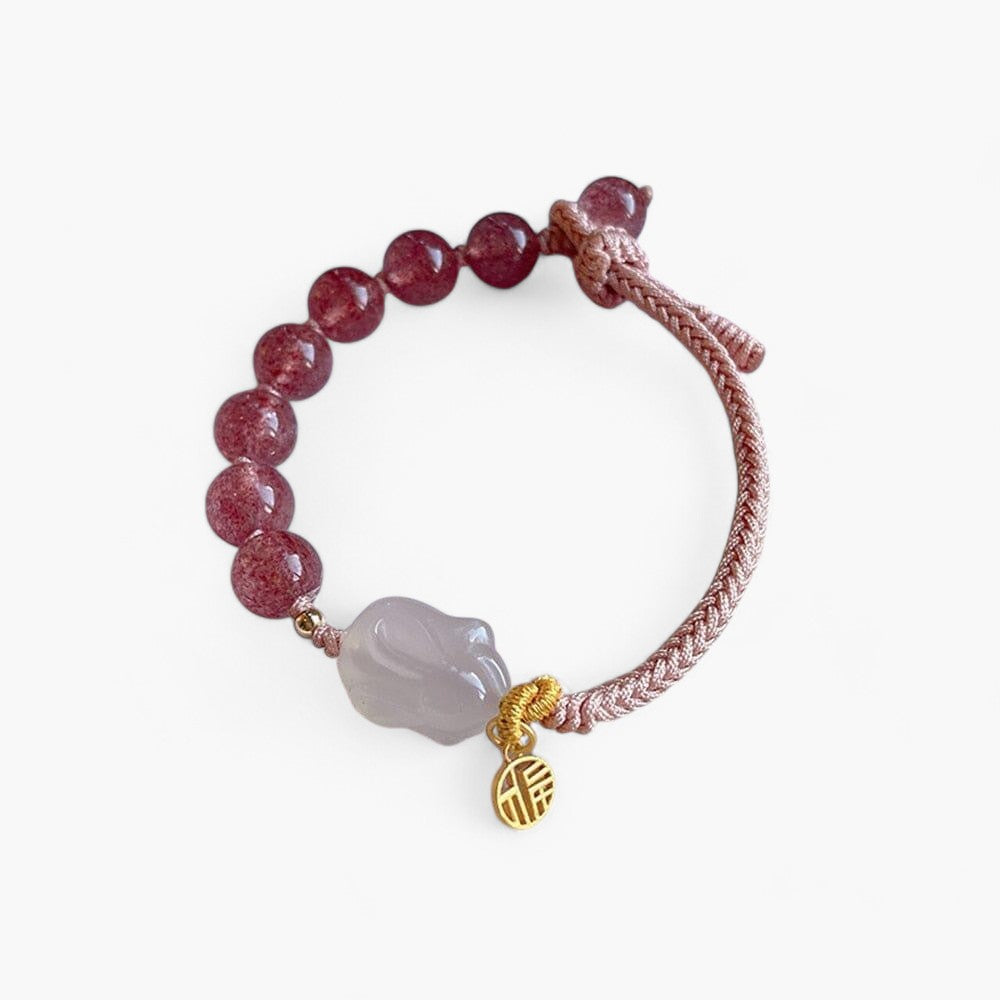 Hasenarmband "Glück im Überfluss" aus grüner Jade und Erdbeerquarz