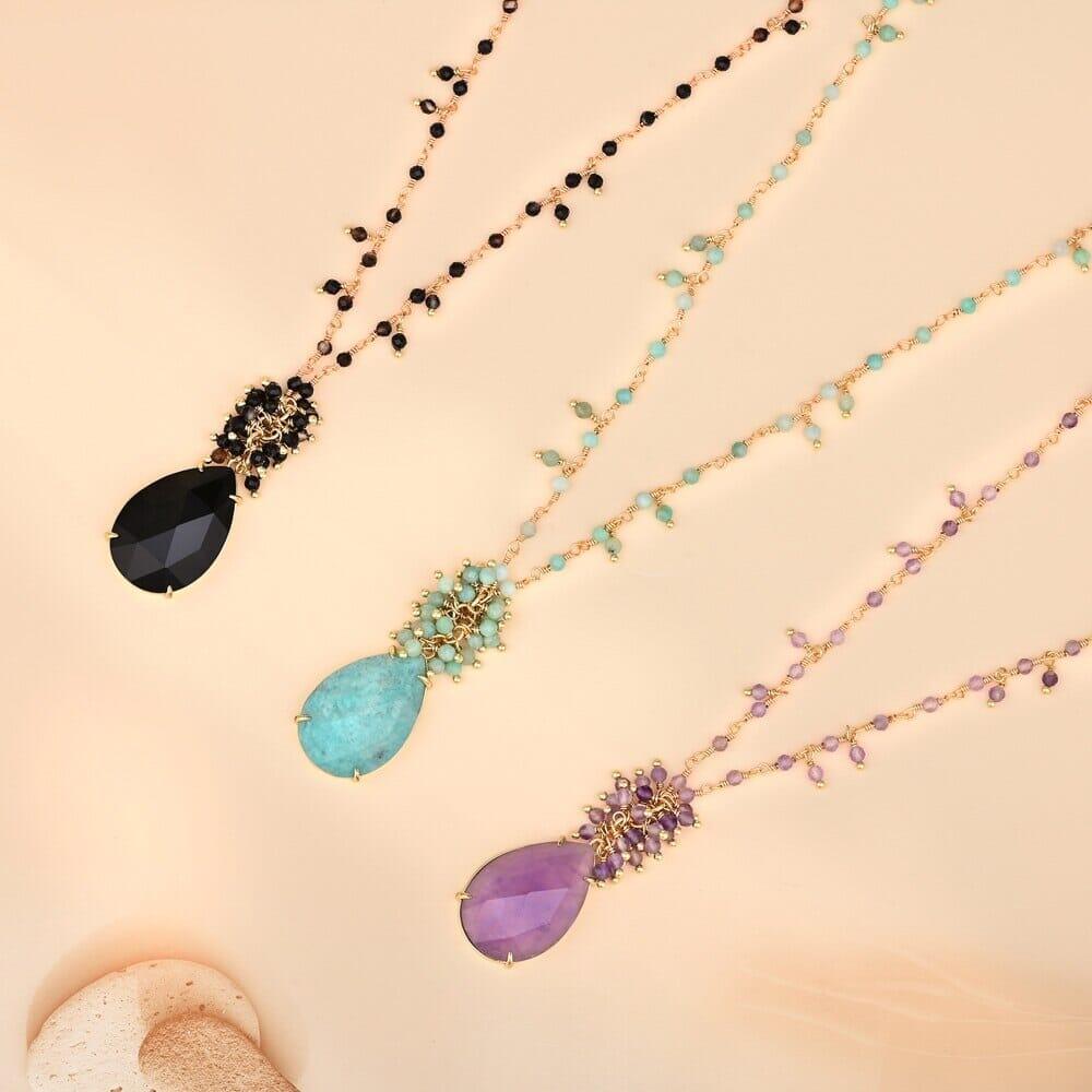 Tropfen-Halskette "Sakrale Charmes" mit schwarzem Achat, Amazonit und Amethysten