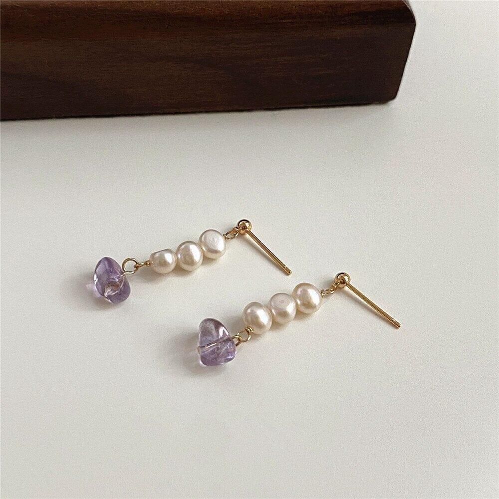 Kaskadenohrringe "Weisheit und Anmut" mit Amethyst und Perlen