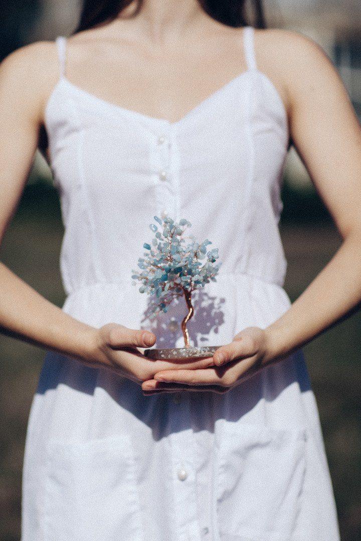 Aquamarin Feng Shui Baum mit Achat Basis für inneren Frieden und Gelassenheit
