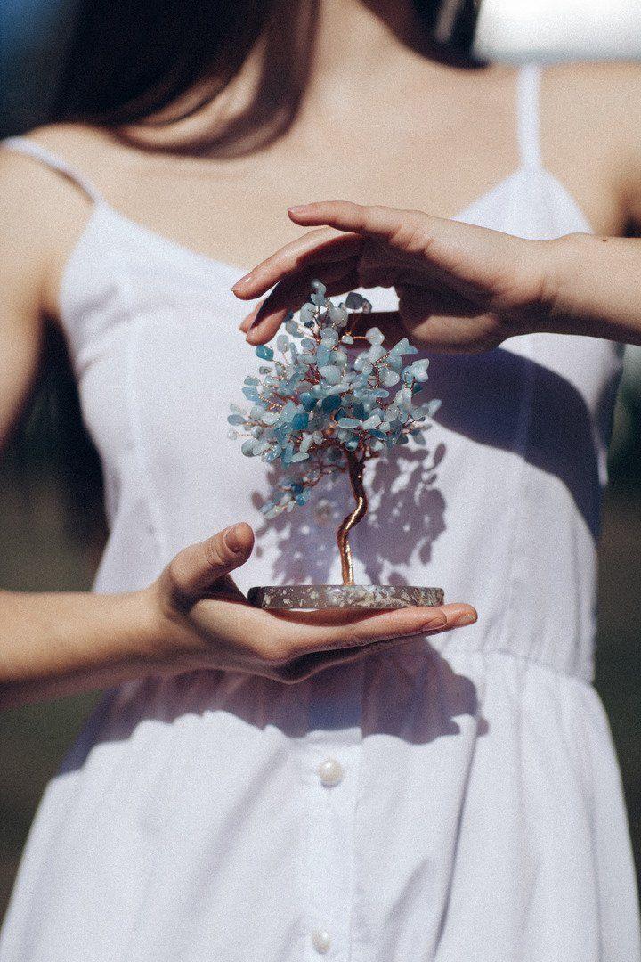 Aquamarin Feng Shui Baum mit Achat Basis für inneren Frieden und Gelassenheit