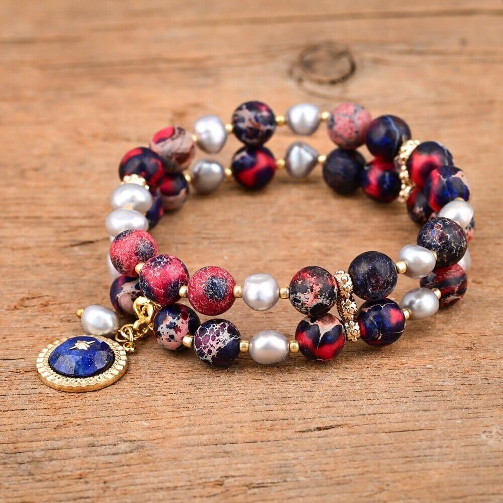 Strahlende Sonne Mehrlagiges rotes Jaspis & Lapislazuli Armband
