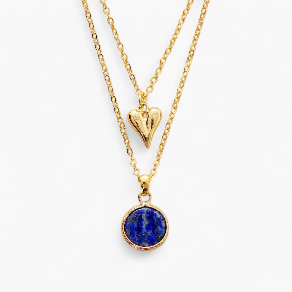 Goldbeschichtete Halskette mit Lapis und Rosenquartz "Pure Weisheit"