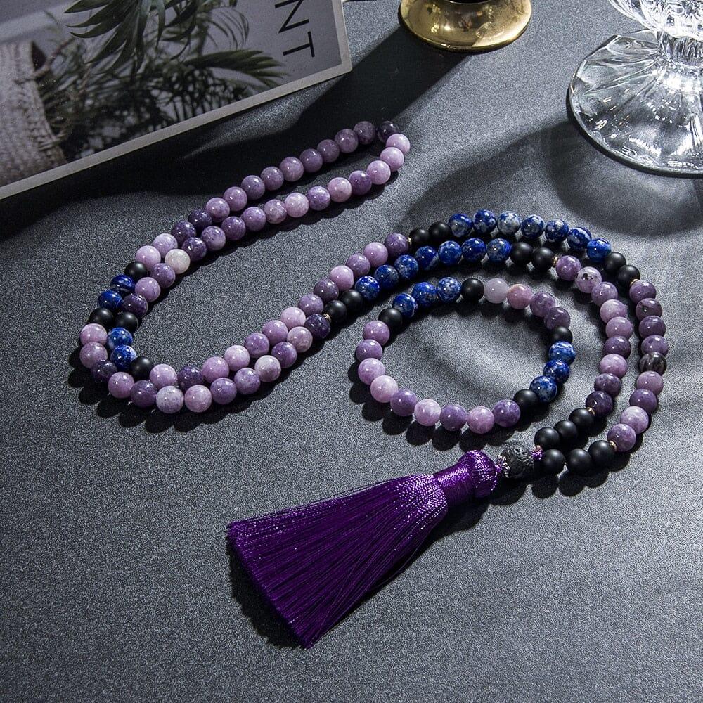 Mala-Perlen "Chakra-Ausgleich" aus Glimmer-Lepidolith, schwarzem Onyx & Lapislazuli