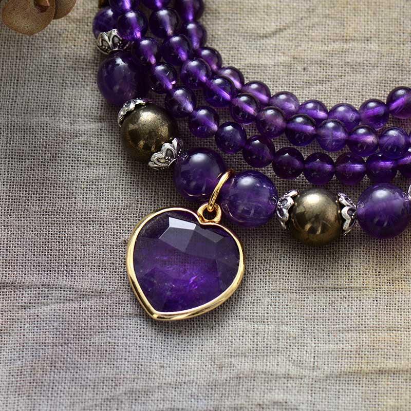 Amethyst Mala Halskette/Armbänder "Lila Herz"