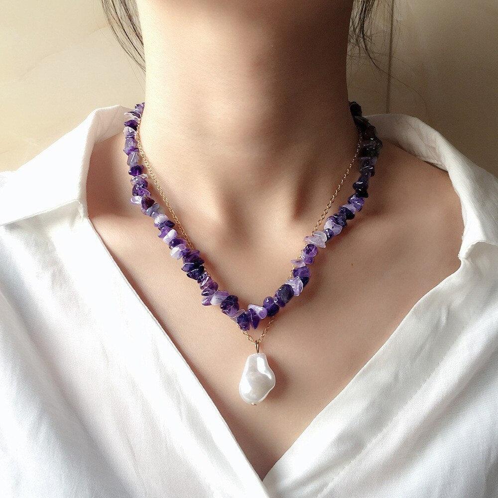 Doppellagige Halskette aus Lapis, Amethyst, Aventurin und Koralle