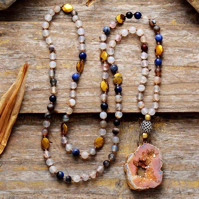 "Spiritual Guru": Drusy-Achat-, Onyx- & Rhodonitkette