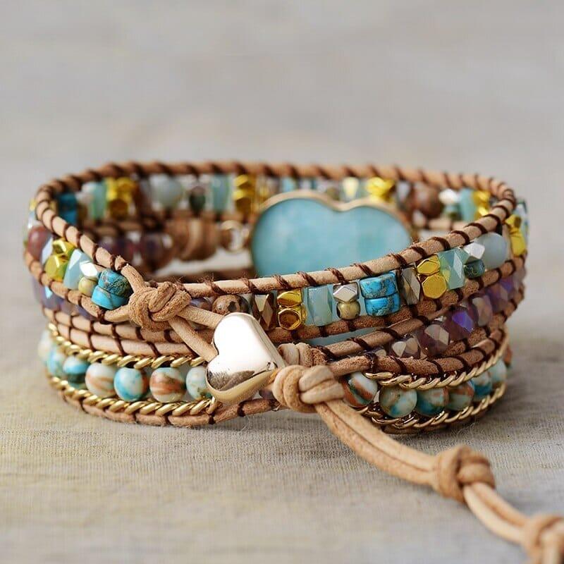 Leder Wickelarmband "Azure Liebe" mit Edelsteinen