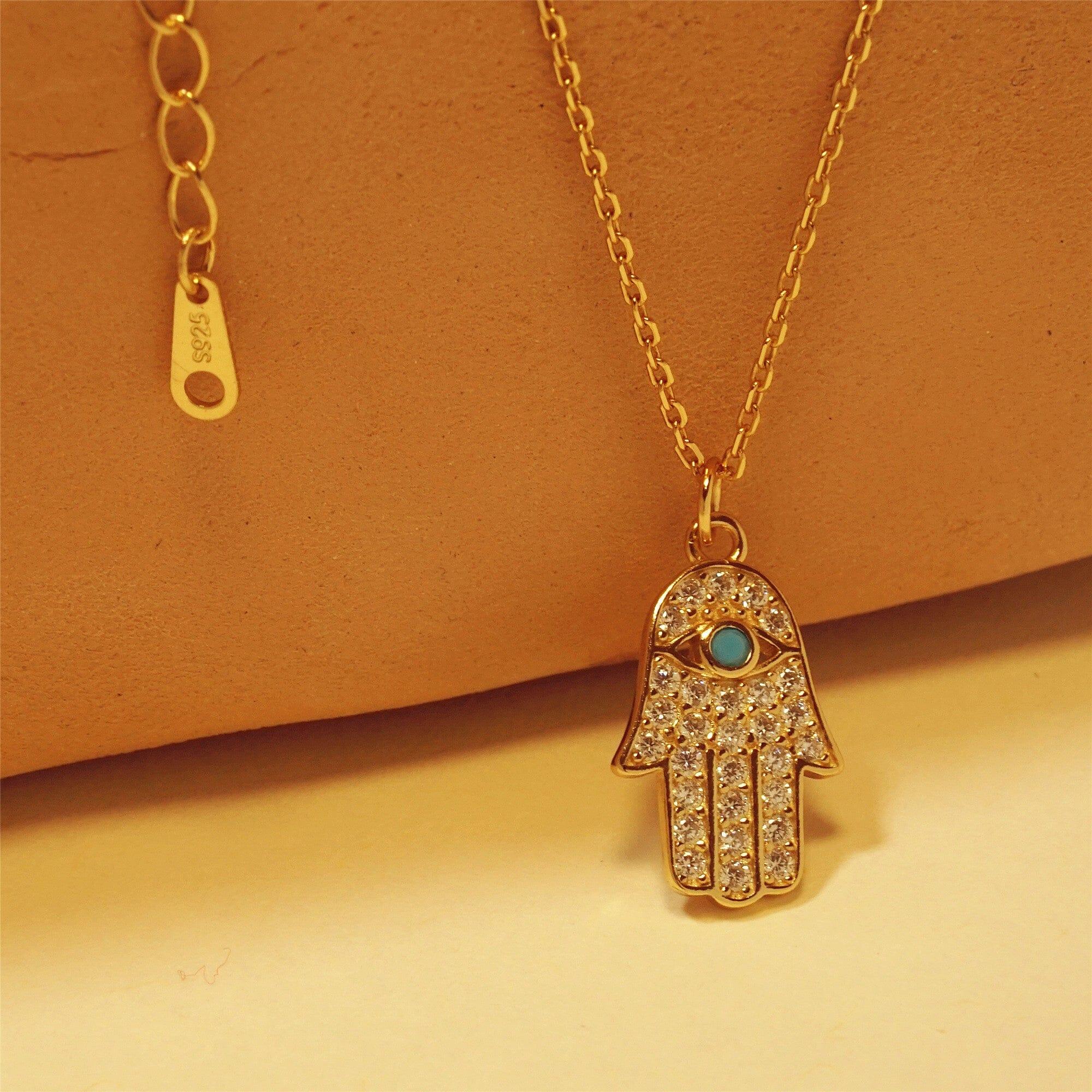 Hamsa Hand Halskette "Reichlich Wohlstand" mit Türkis & Gold