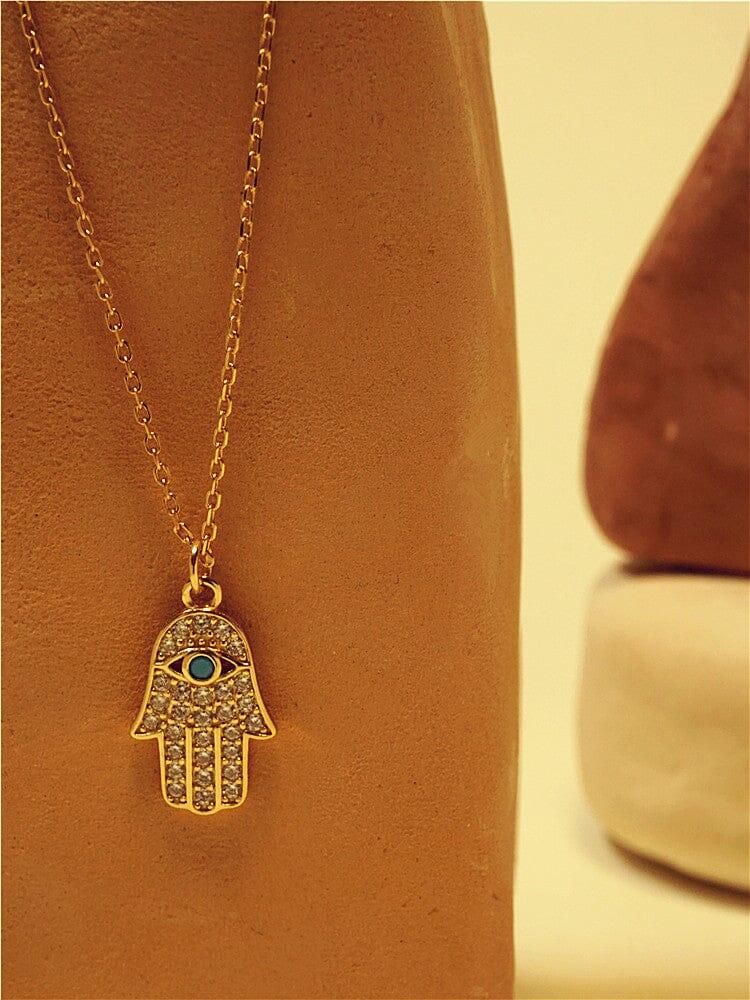 Hamsa Hand Halskette "Reichlich Wohlstand" mit Türkis & Gold