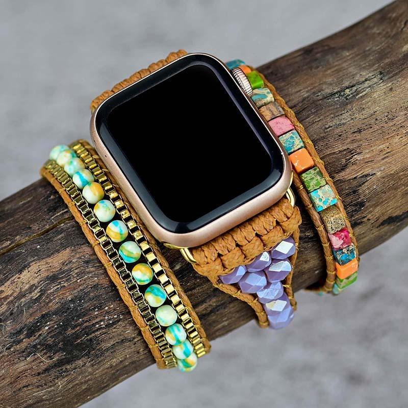 Mehrfarbiges Apple Watch-Uhrenarmband mit quadratischen Edelsteinperlen