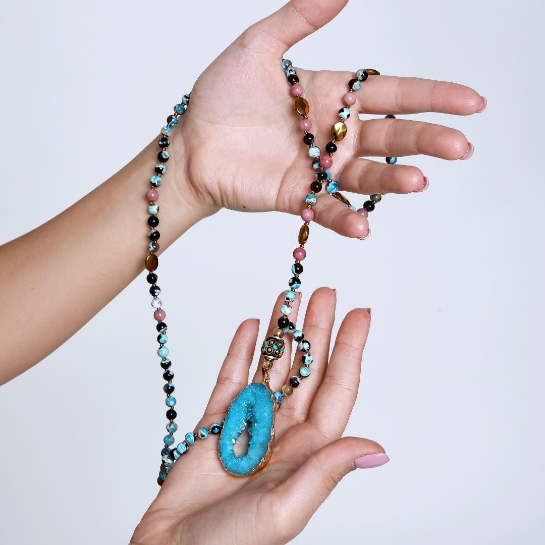 "Spiritual Guru": Drusy-Achat-, Onyx- & Rhodonitkette