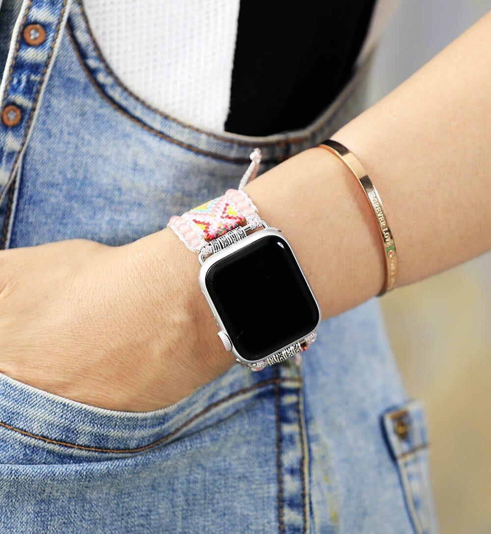 Gewebtes Smartwatch-Armband "Boho Bliss" mit Rosenquarz