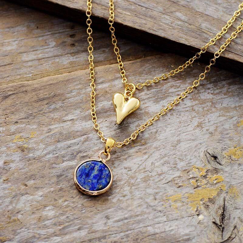 Goldbeschichtete Halskette mit Lapis und Rosenquartz "Pure Weisheit"