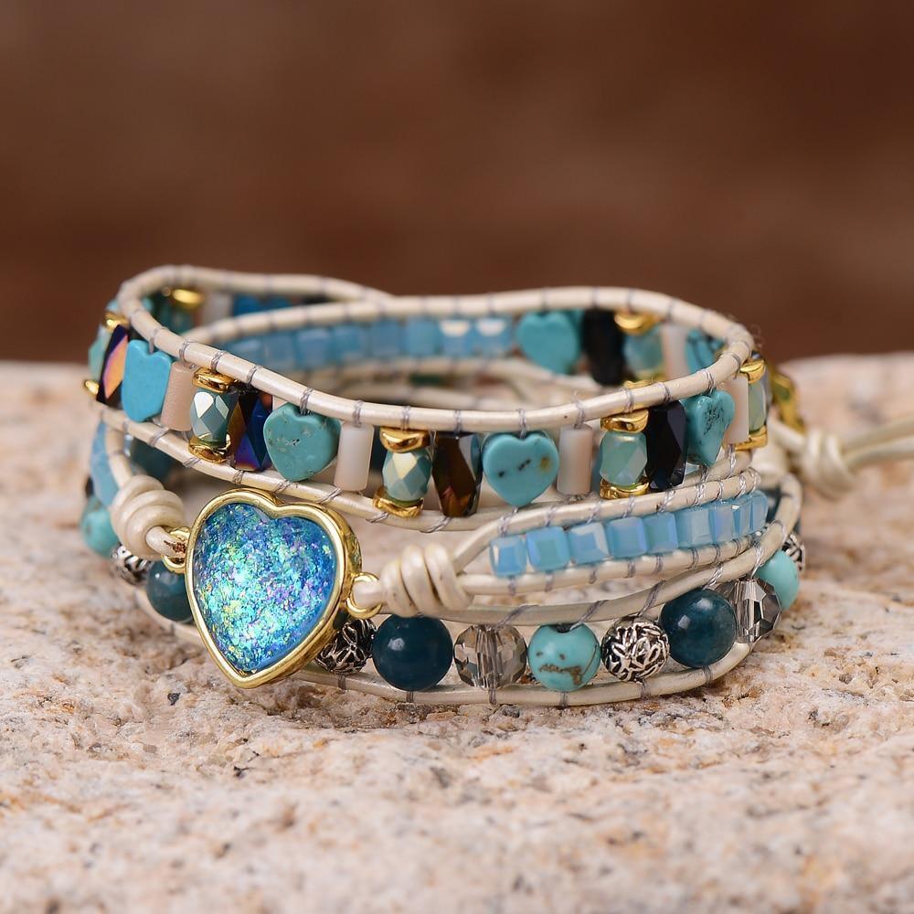 Leder-Opal-Wickelarmband in himmelblau und weiß