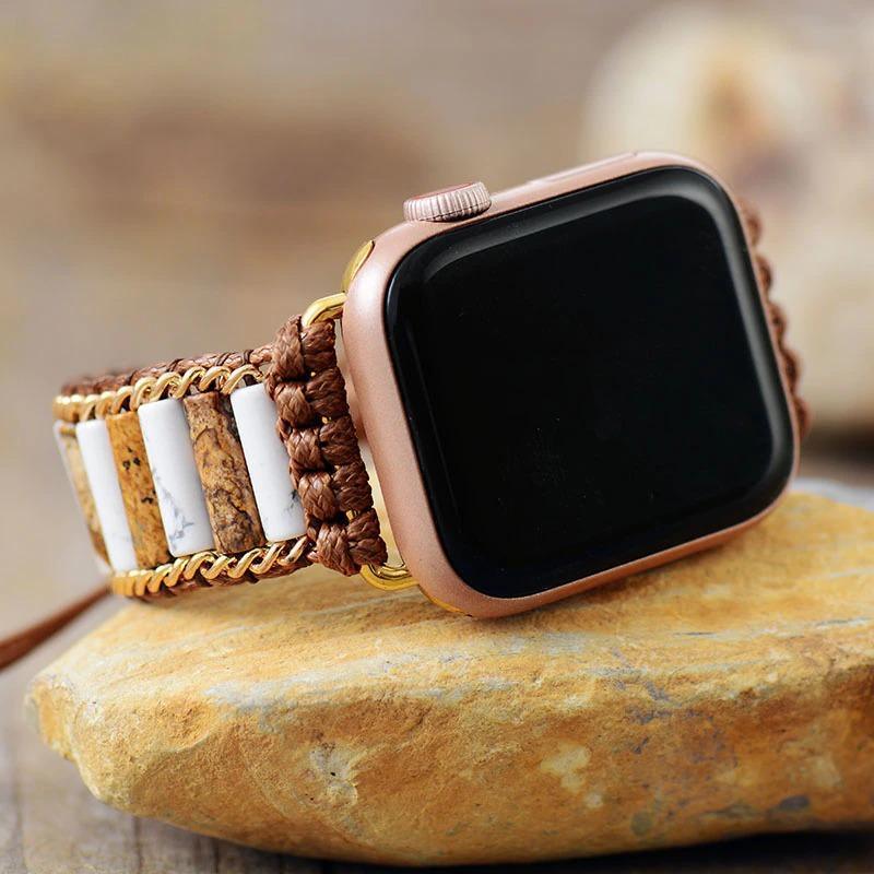 Jute-Jaspis Apple Watch-Uhrenarmband mit Howlit-Edelsteinen